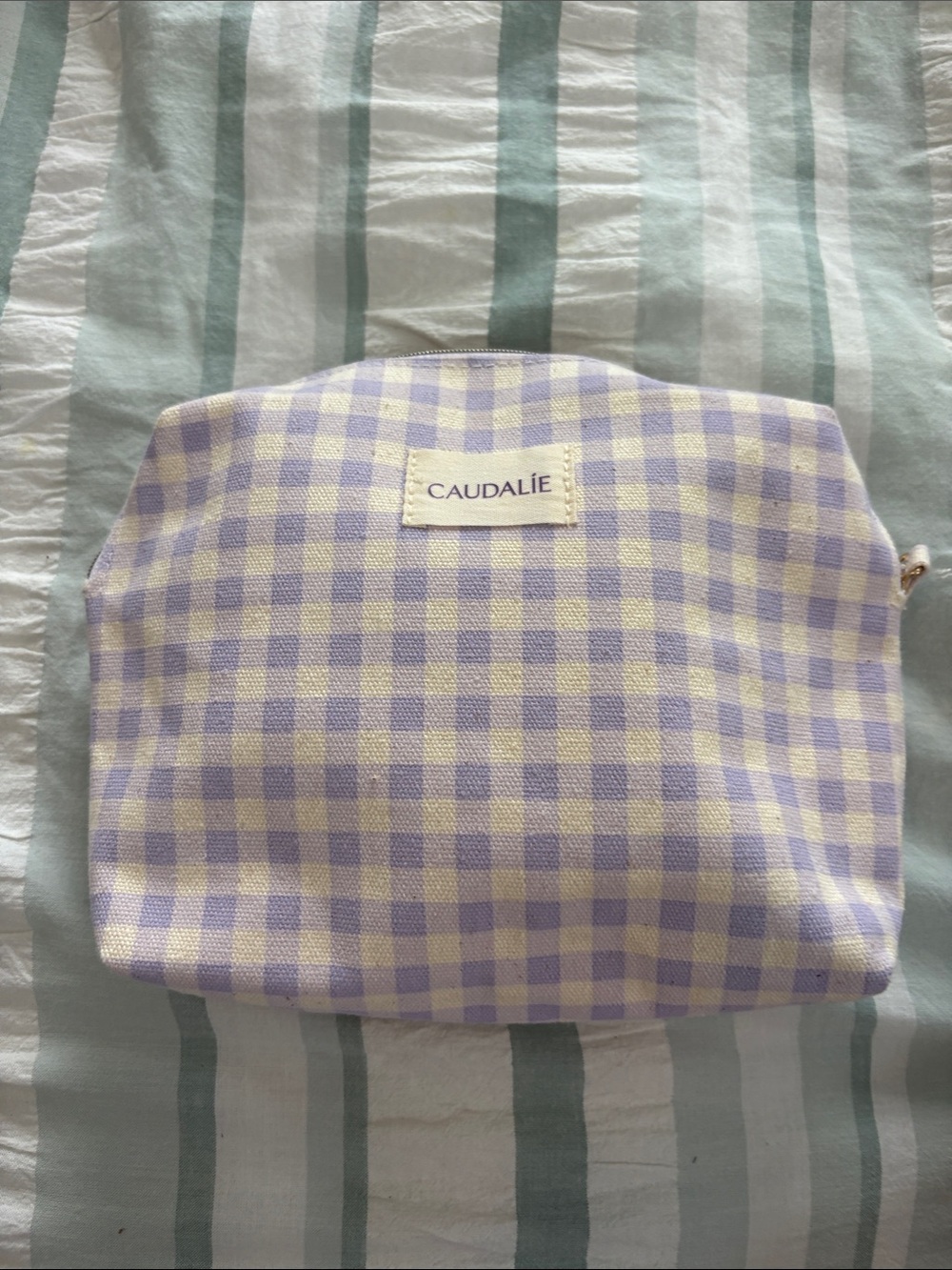Caudalie Lavender and Cream Gingham Cosmetic Pouch